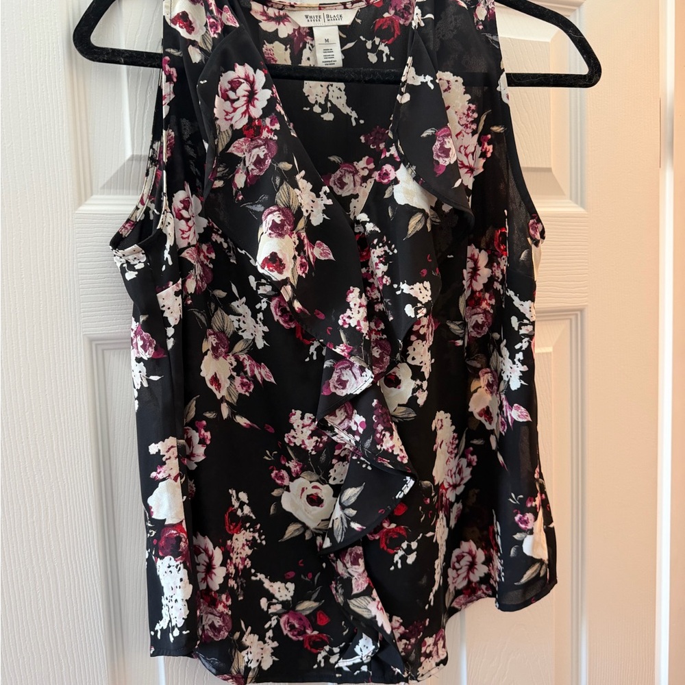 White House Black Market Floral Ruffle Blouse - Black and Pink